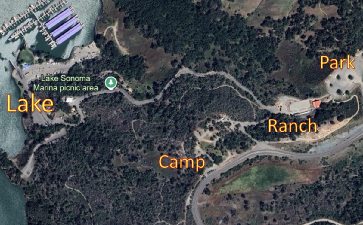 Map showing the lake, camp, ranch, and parking areas for the wedding venue